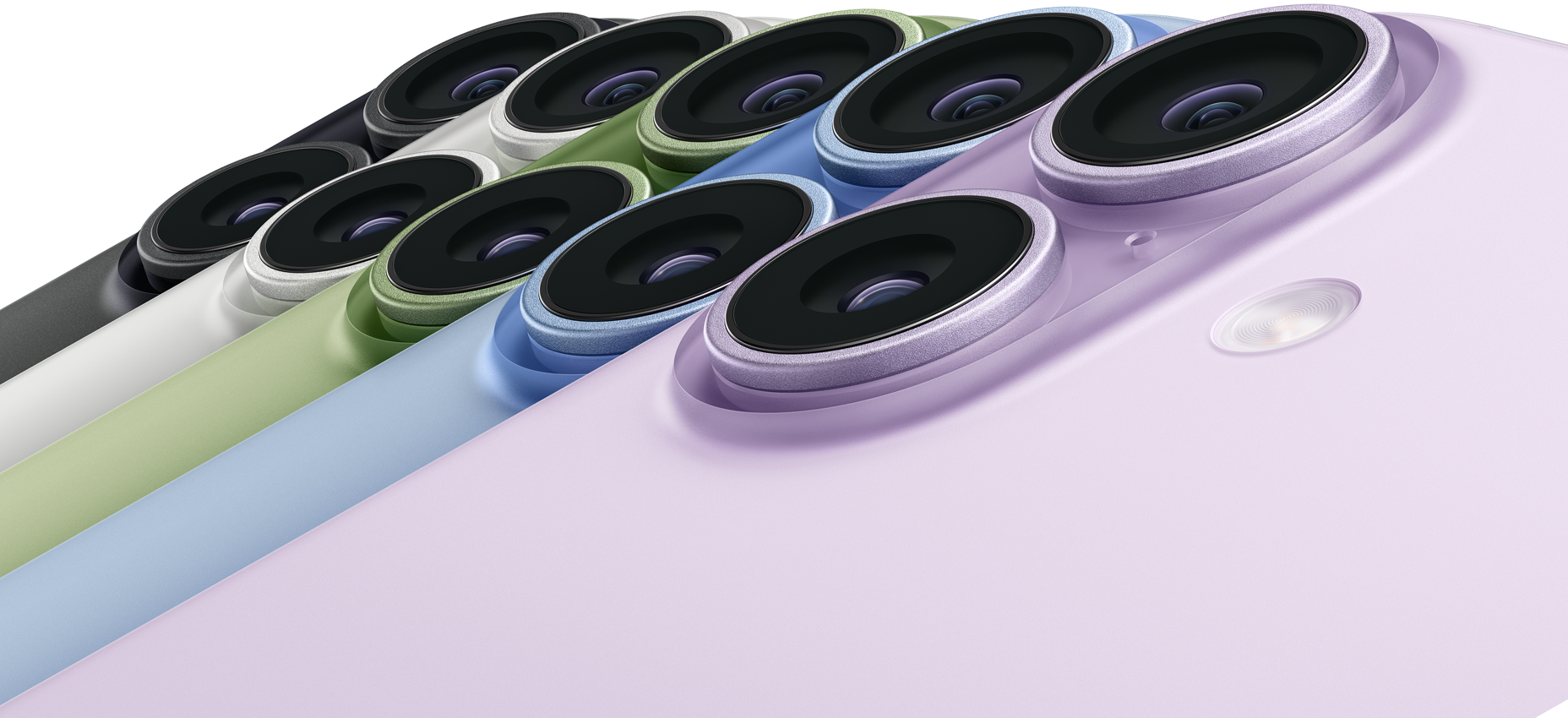 Parte posterior del iPhone 17 en todos sus colores mostrando el sistema de cámaras de 48 MP